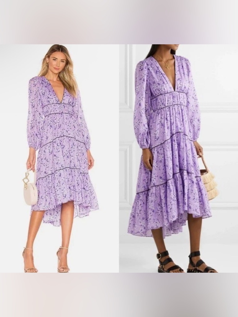 Ulla Johnson Dasha Dress Zinnia Midi-Length Cotton Poplin Purple Floral Sz 8